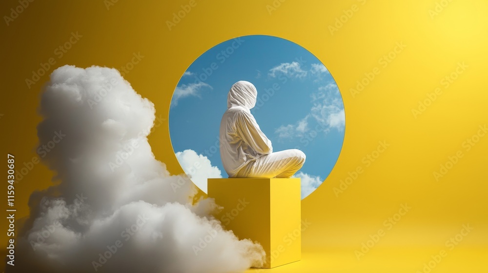 Poster a 3d abstract scene with a sunny yellow background, white clouds, and a blue round hole, presenting 