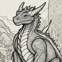 Naklejka premium Black and White Coloring Page, Cute Dragon Illustration