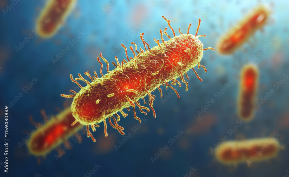 Poster microscopic view showcases vibrant bacteria with intricate structures. the scene illustrates dynamic