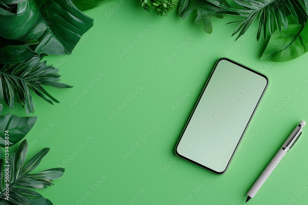 Aufkleber The flat lay of a mobile smart phone with a blank screen is on a green background with a pencil and leaf.