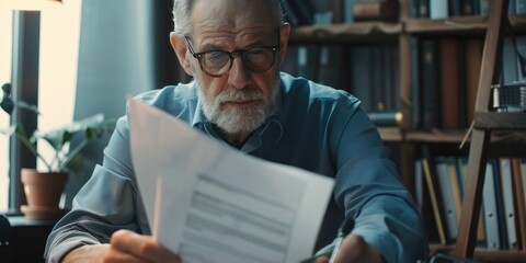 Elderly man wearing glasses reading a paper, surrounded by books and papers in an office environment.