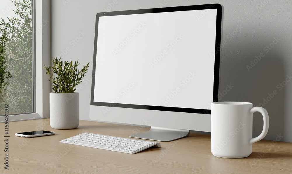 Poster modern room with comfortable workspace and tablet stand.