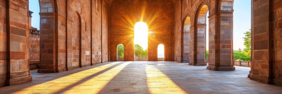 Sunlit Colonnade of Ancient Structure - Majestic ancient architecture, bathed in golden sunlight, symbolizes history, spirituality, peace, enlightenment, and timelessness.