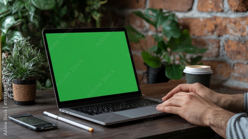 Poster An example of a green screen mock-up display on a laptop computer. Close-up shot of hands working in a modern home, using a touch pad and scrolling content. Smartphone sits beside the computer.