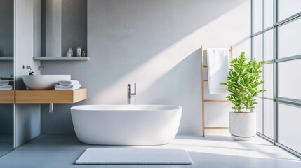 Fototapeta premium Contemporary minimalist bathroom with minimal decor. Featuring a clean, open design with sleek lines