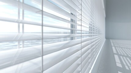 Obraz premium Window with white blinds is shown in a room. The blinds are open, allowing sunlight to shine through and illuminate the space. The room appears to be empty, with no furniture or decorations visible