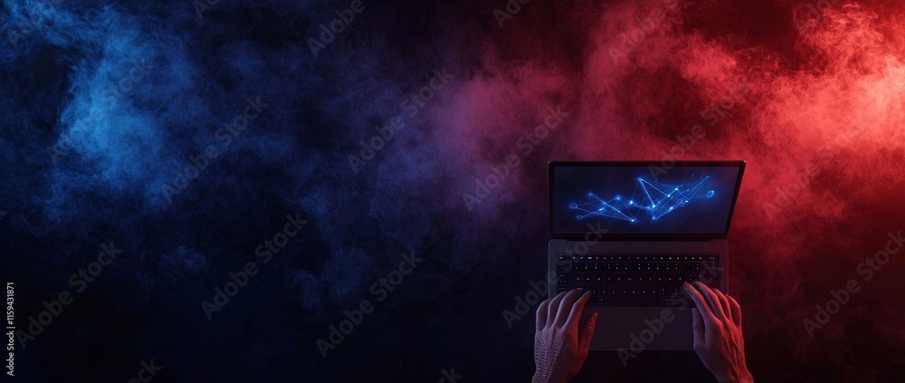 Poster in a smart city, a man utilizes a mobile phone and laptop, surrounded by the concepts of big data, d