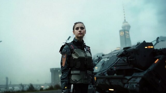 Post-apocalyptic scene with figure in tactical gear against misty urban backdrop. Moody cinematography with anamorphic lens flares. AI-generated 4K imagery with military sci-fi aesthetic