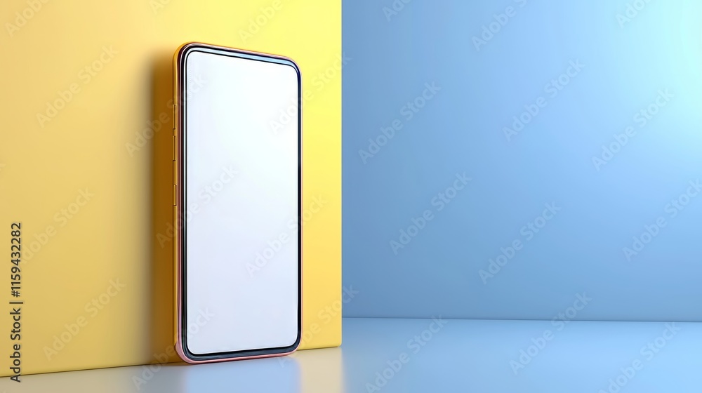 Poster Three-dimensional rendering of a pink phone on a green and yellow background. The design is in pastel tones.