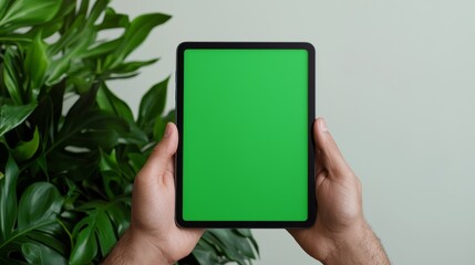 In her home office, an African American woman holds a tablet digital device with a green screen