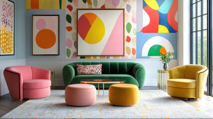 Farbenfrohes Wohnzimmer im Maximalist-Stil mit bunten M&ouml;beln und abstrakten Kunstwerken