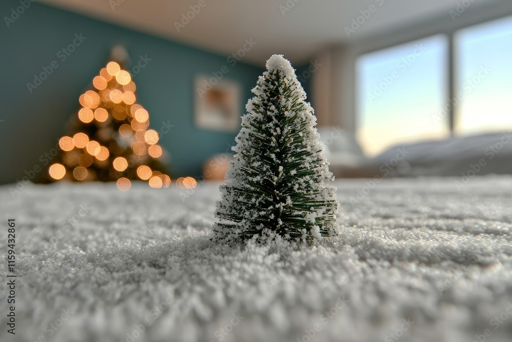 Leinwandbilder a snowy scene with empty white expanse, featuring a blurred christmas tree with shimmering bokeh lig