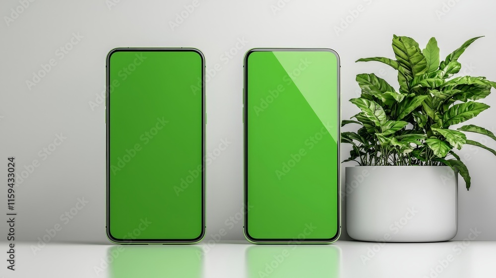 Poster mockups of green screen smartphones in 3 different positions. 3d renders.