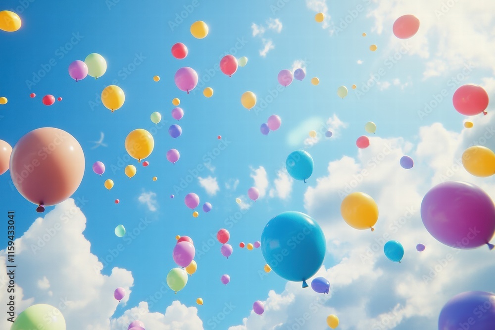 Poster colorful balloons floating majestically in a bright blue sky filled with fluffy clouds. generative a