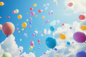 Obraz premium Colorful balloons floating majestically in a bright blue sky filled with fluffy clouds. Generative AI