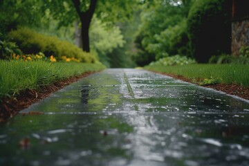 Fototapeta premium A rainy day with a wet, reflective path.