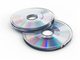 Two CDs are sitting on a white background. The CDs are clear and shiny, and they appear to be new. Concept of nostalgia and the idea of preserving memories through music