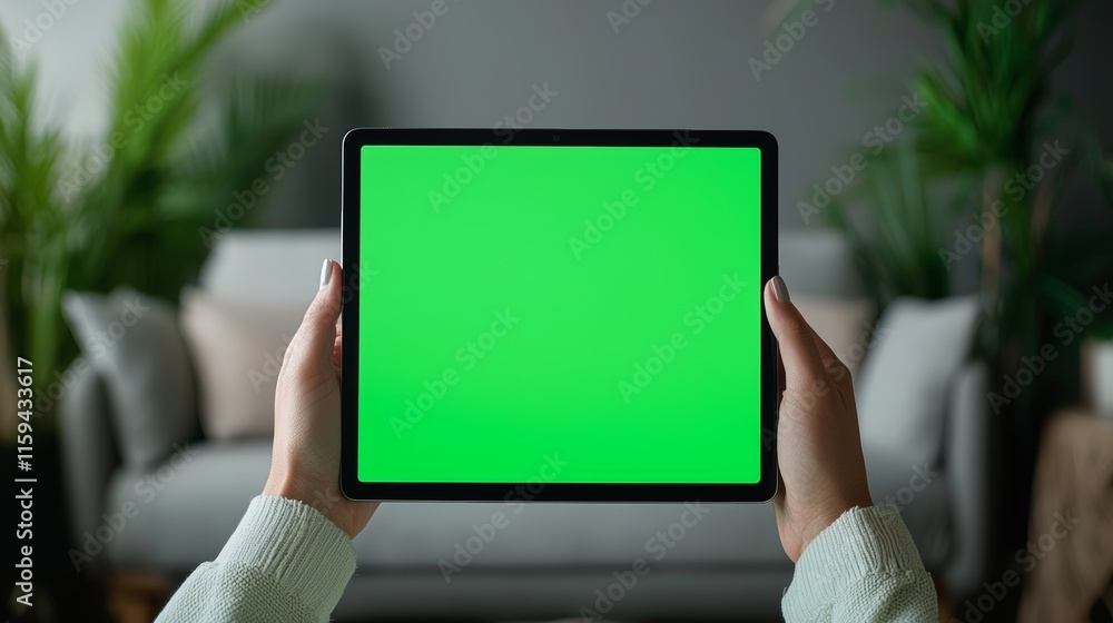 Poster an individual clicks a green screen. a hand holds a vertical ipad. a finger taps the screen in the m