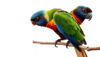 Obraz premium Rainbow Lorikeets - Vibrant Duo on Branch, Vivid Tropical Artwork