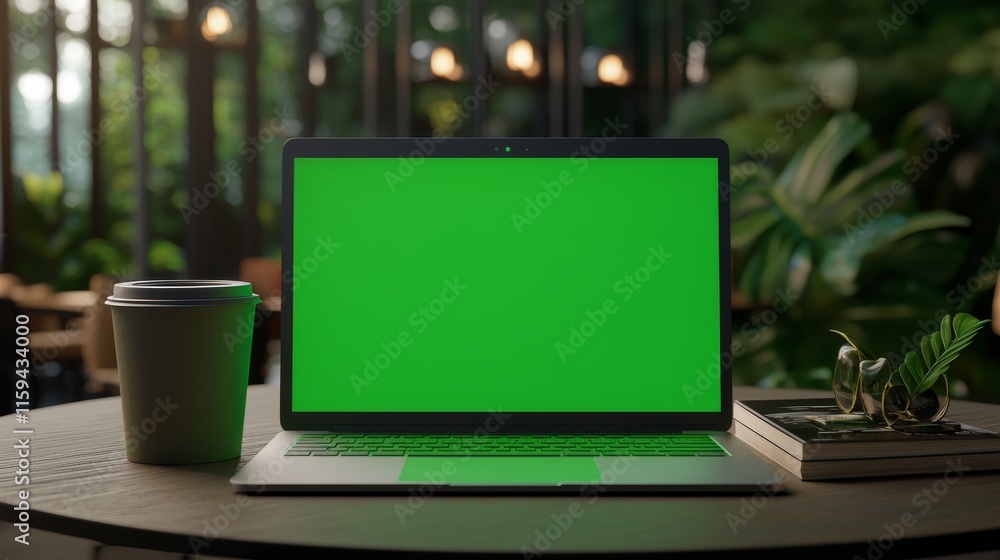 Poster Mock-up of a laptop with green screen. Electron microscope with chroma key template. MacBook display close up. Blank business mockup on wooden table. Modern gadget on wooden table in horizontal