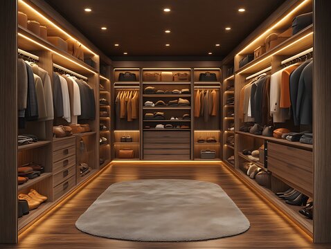 Luxurious modern walk-in closet with men's clothing and accessories.