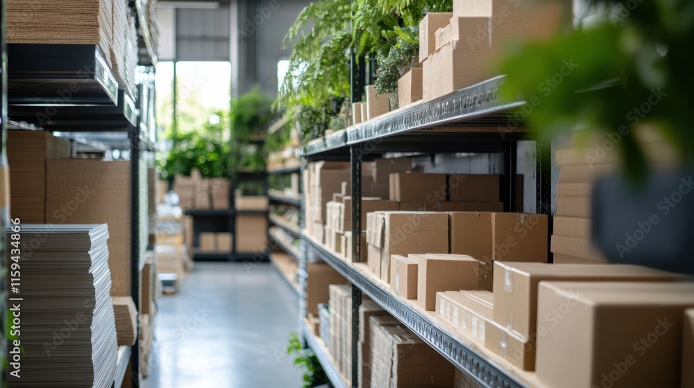 Aufkleber closeup of ecofriendly materials stacked on a shelving unit within the microfactory highlighting the