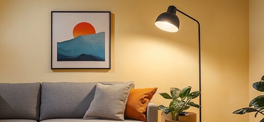 Modern living room interior with minimalist art, sofa, floor lamp, and plant.