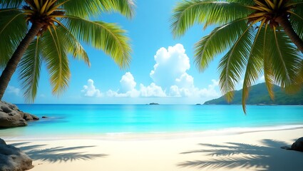Tropical Paradise Pristine Sandy Beach with Crystal Clear Waters and Palm Shadows