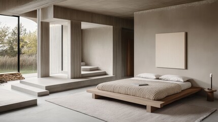 Fototapeta premium A minimalist bedroom with natural light and earthy tones, reflecting tranquility and comfort.