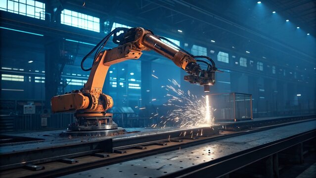 Robot hands working. Industrial robot working in company shed.