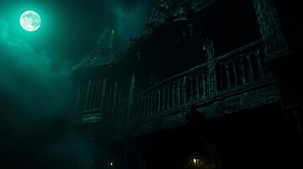Creepy haunted house at night, full moon.