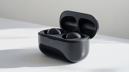 Open black wireless earbuds case on white background.