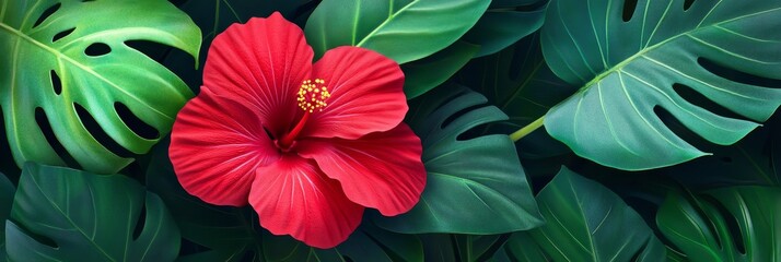 Fototapeta premium Vibrant Hibiscus and Tropical Leaves - Lush red hibiscus flower, vibrant green foliage, tropical paradise, summer bloom, exotic beauty.
