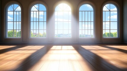 Sunlit Room with Arch Windows - Sunlight streams through large arched windows illuminating a hardwood floor. Concepts: serenity, spaciousness, light, elegance, tranquility.