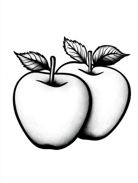 recommend clip art: Two Apples Drawing - Simple line art, black and white, two apples, leaves, fruit, monochrome.