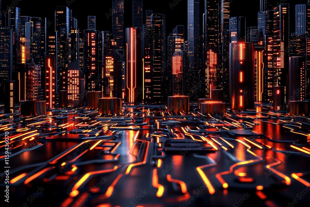 Poster creating a futuristic and digital urban environment with neon-lit pink and blue geometric shapes. cy