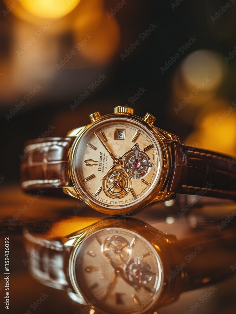 Aufkleber Luxury wristwatch with golden frame displayed on a reflective surface in a warmly lit setting during evening hours. Generative AI