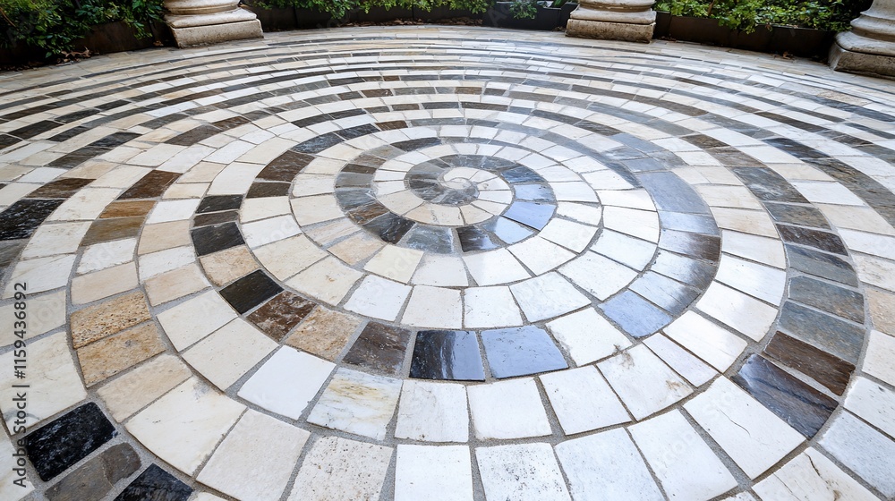 Aufkleber circular patterned stone floor with alternating light and dark tiles.