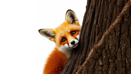 Curious Red Fox Peeking From Behind a Tree - a Whimsical Wildlife Portrait