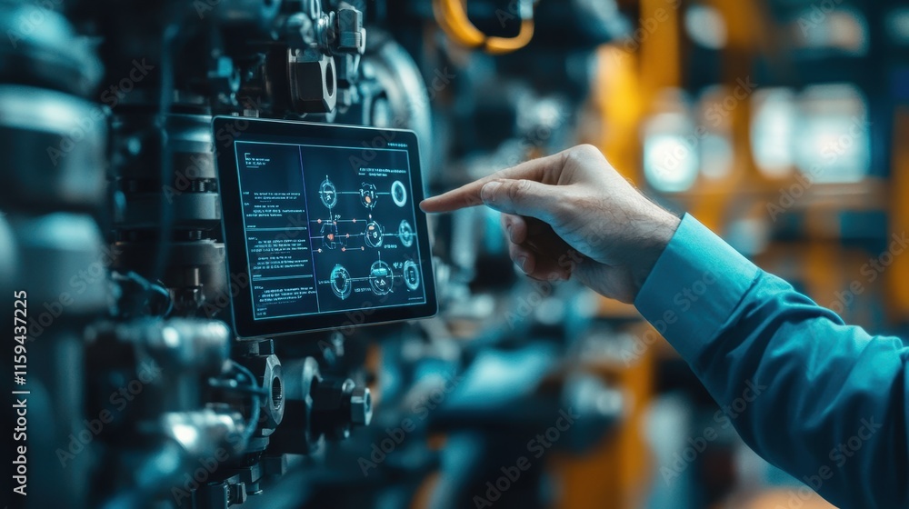 Poster a focused image of a trainer pointing at a tablet screen with the ar application projecting colorful