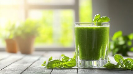 A refreshing green smoothie in a glass, garnished with mint leaves, set in a bright environment.