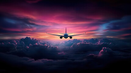 Airplane flying through a dramatic sunset sky, with glowing clouds and streaks of light