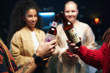 Friends toasting with beer while having fun at party