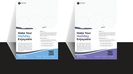 Travel poster or flyer pamphlet brochure design layout space for photo background with shape for 3 front picture. Blue and violate flyer template for travel agency.