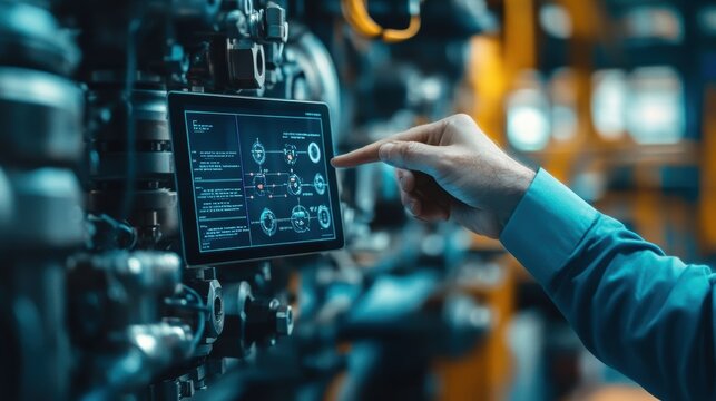 A focused image of a trainer pointing at a tablet screen with the AR application projecting colorful annotations overlaid on a realworld mechanical setup.