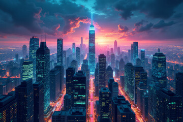 Fototapeta premium Modern cityscape in neon blue and pink with dramatic sunset 