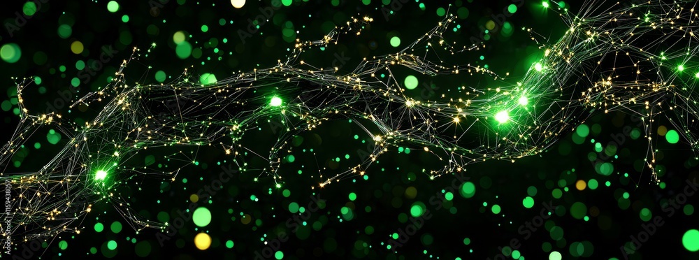 Aufkleber Abstract green background with a network grid and particles. Sci-fi digital technology with a data graphic background.