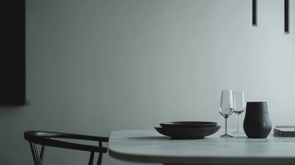 Contemporary minimalist dining space with minimal decor. Featuring a clean, open design with sleek lines