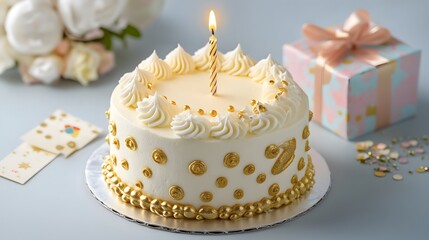 Elegant White Birthday Cake With Gold Accents And Candle