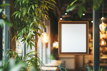Modern Cafe Digital Menu Board Mockup, White empty paper poster mockup displayed outside the building restaurant with Indoor Greenery